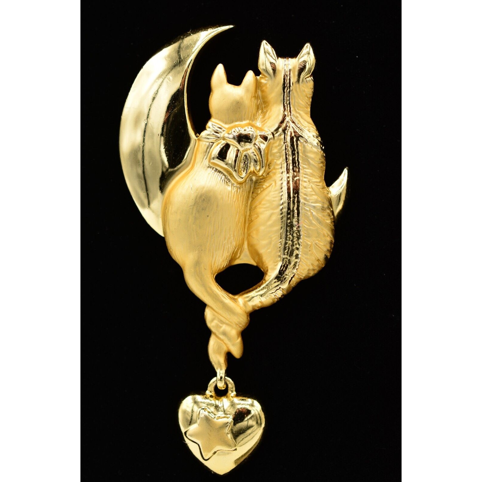 Ajc Vintage Cat Pin Brooch Moon Heart Couple Love Brushed Gold Signed 80s Bin5b 25$